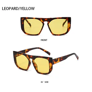 Front and side view of square leopard print sunglasses with yellow tinted lenses