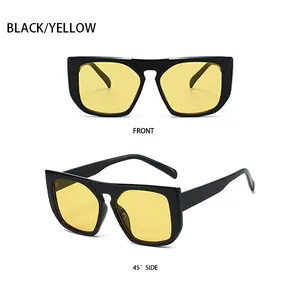 Front and 45-degree side view of black square sunglasses with yellow tinted lenses