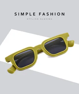 Detailed macro view of olive green matte rectangular sunglasses frame and anti-slip temple