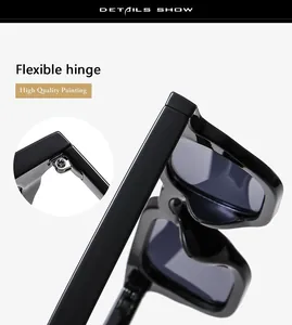 Detail view of high-quality flexible hinge and glossy finish on black square sunglasses