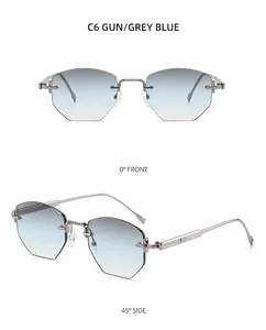 Vooraanzicht en zijaanzicht van randloze polygoon zonnebril met gunmetal frame en blauwe glazen