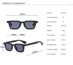 Detailed size chart for square frame sunglasses with frame width of 144mm and PC material