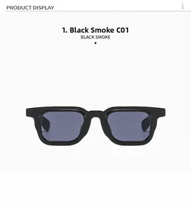 Detail view of square frame sunglasses in glossy black finish with grey lenses C01