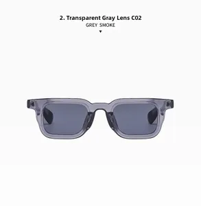 Detail view of transparent grey square sunglasses frames with smoke grey lenses and C02 mark