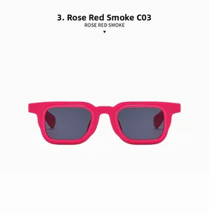 Detail shot of rose red square sunglasses frame with smoke grey lenses, model C03