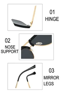 Detail view of gold metal hinges, clear nose pads, and black temple tips of men's sunglasses