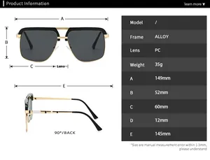 Size chart showing frames dimensions of alloy pilot sunglasses with 149mm total width