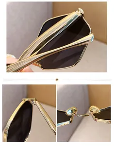 Detailed macro view of gold metal hinges and nose pads on polygon sunglasses
