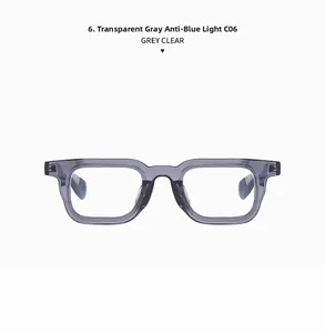 Detail of square frame anti-blue light glasses in grey clear finish with metal hinges