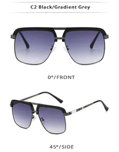 Front and side view of square black metal sunglasses with gradient grey lenses