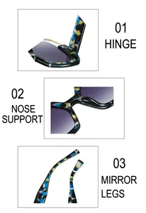 Detail view of reinforced hinges, smooth nose pads and tortoise frame of the sunglasses