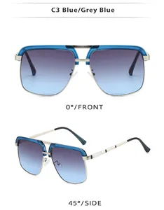 Front and side view of silver metal square sunglasses with blue gradient lenses