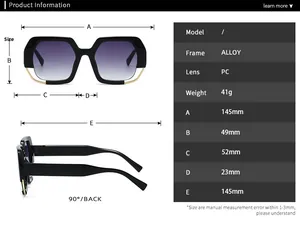 Detailed size chart for stylish oversized sunglasses showing frame and lens dimensions