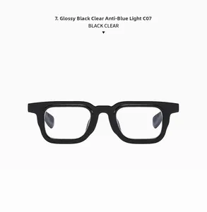 Detail of square black glasses frame with clear anti-blue light lenses and C07 model mark
