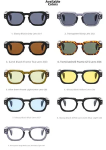 Detailed catalog of polygon square sunglasses in 9 colorways with tinted and blue light lenses