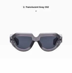Detail of transparent gray square frame sunglasses with dark gray lenses and modern bridge
