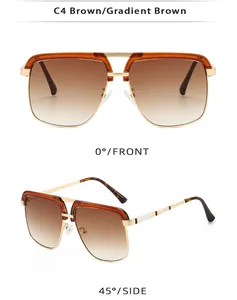 Front and side views of gold metal sunglasses with brown gradient lenses and double bridge