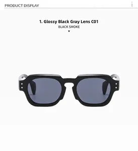 Front view of black square sunglasses with smoke grey lenses and silver dot accents