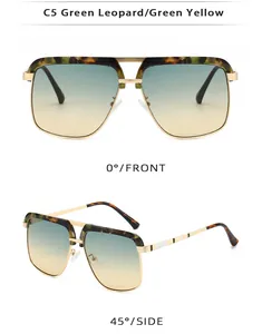 Detail of pilot metal sunglasses featuring green leopard frame and gradient lenses