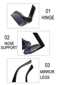 Detailed views of sunglasses featuring wavy frames, metal hinges, and integrated nose pads