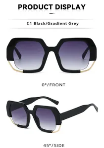 Detailed front and 45-degree view of hexagonal sunglasses with black frames and gradient grey lenses