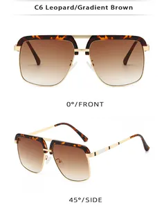 Detail view of retro double bridge metal sunglasses in leopard gradient brown finish
