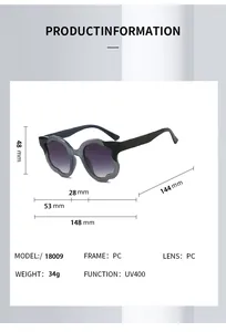 Detailed technical drawing of wavy PC sunglasses with UV400 and full dimensions