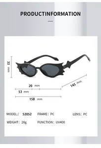 Detaillierte Größenangaben der Fledermaus-Cat-Eye-Sonnenbrille mit UV400 PC-Gläsern