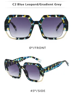 Detail view of large hexagonal sunglasses in C2 blue leopard print with gradient grey lens