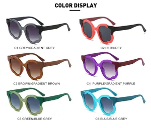 Detailed view of flower-shaped wavy frames in six gradient colors for stylish sunglasses