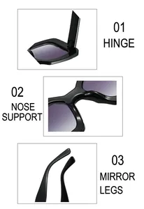 Detail view of square sunglasses showing hinge, nose support and ergonomic temples