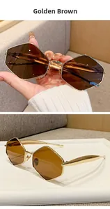 Close-up of bright gold polygon sunglasses with brown lenses on a white display tray