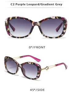 Vues détaillées de face et de profil de lunettes léopard violet avec verres gris dégradés