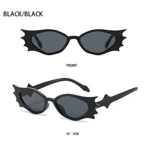 Schwarze Fledermaus-Sonnenbrille im Detail, Frontansicht und 45-Grad-Seitenansicht