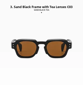 Detail view of vintage chunky square sunglasses in sand black frame with tea lenses