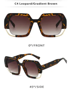 Detailed front and side views of leopard print sunglasses with gradient brown lenses
