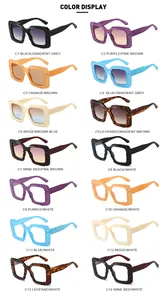 Matrix display of square sunglasses in various colors from black to leopard print