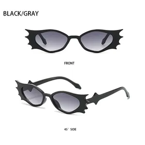 Vorder- und Seitenansicht der gotischen Fledermaus-Sonnenbrille mit schwarzem Rahmen und Gläsern