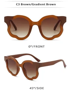 Detailed views of caramel brown wavy frame sunglasses with gradient brown lenses