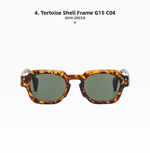Detailed flat lay of tortoiseshell frame sunglasses with G15 green lenses and thick temples