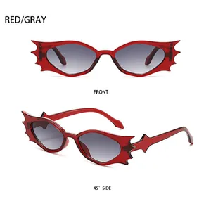 Detailansicht der roten Fledermaus-Sonnenbrille mit grauen Verlaufsgläsern in Front- und Seitenansicht