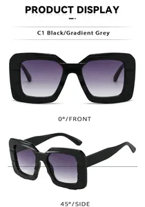Detail view of square black sunglasses showing 0° front and 45° side geometric frames
