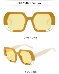 Detailed front and 45-degree side view of yellow hexagonal sunglasses with cream temples