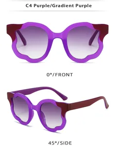 Macro detail of wave frame sunglasses in purple with gradient lenses from two angles