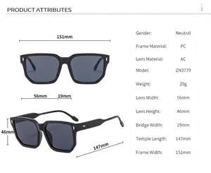 Tableau des tailles et dimensions techniques pour lunettes de soleil carrées modernes