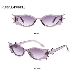 Vorderansicht und 45-Grad-Seitenansicht der violetten Fledermaus-Sonnenbrille im Goth-Stil