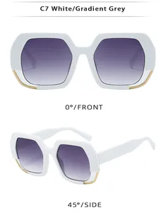 Macro detail of white square sunglasses with gold metal trim and gradient purple lenses