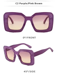 Close-up of C2 purple square sunglasses with pink brown gradient lenses from two angles