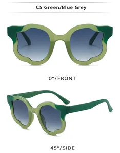 Detail of C5 green wave frame sunglasses with blue grey gradient lenses from two angles