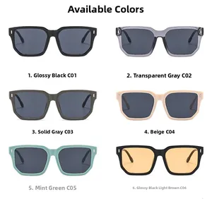 Catalogue détaillé montrant six lunettes de soleil carrées de différentes couleurs